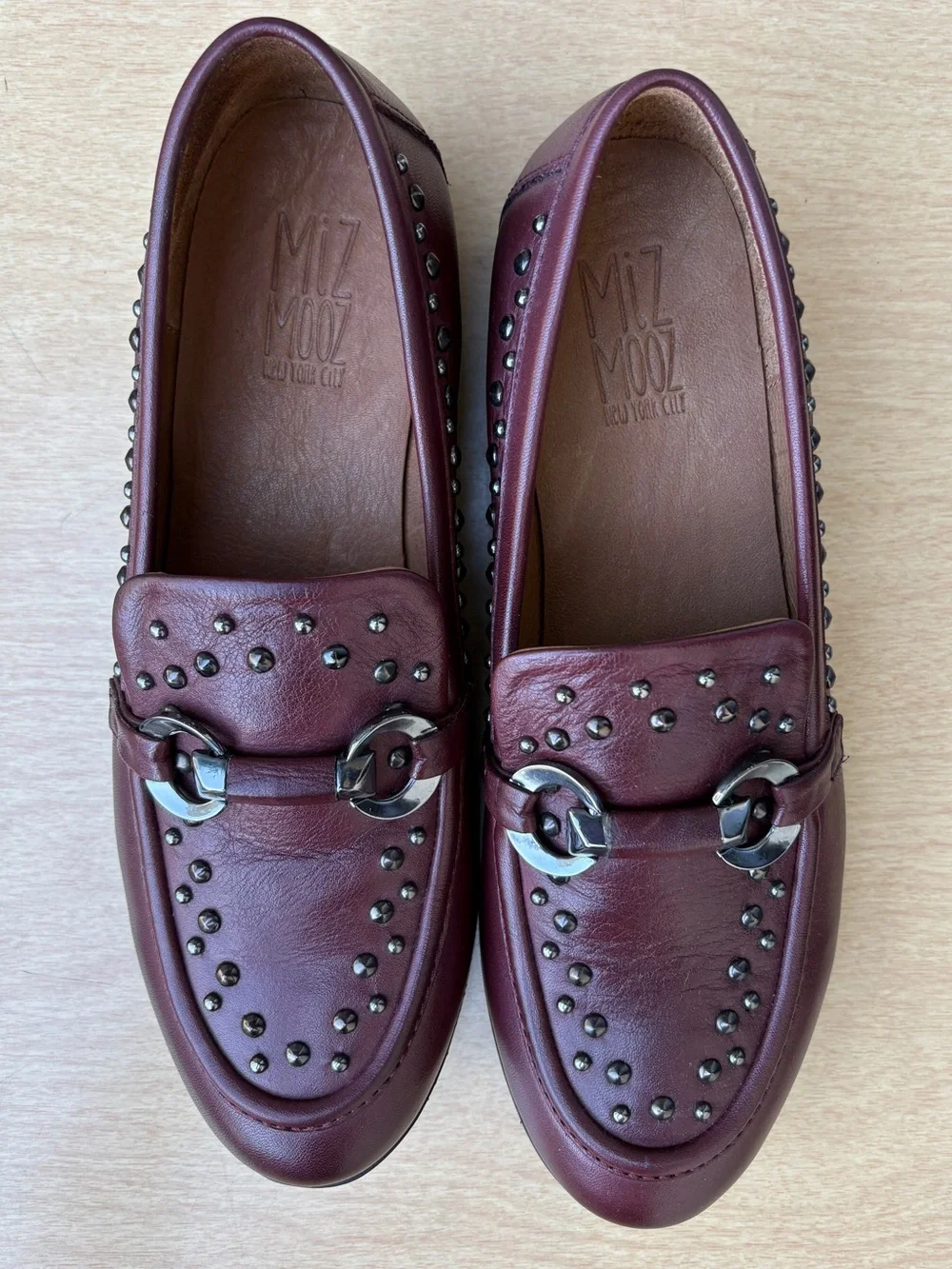 Miz Mooz Ira Studded Leather Loafers In Burgundy Sz 39 EU